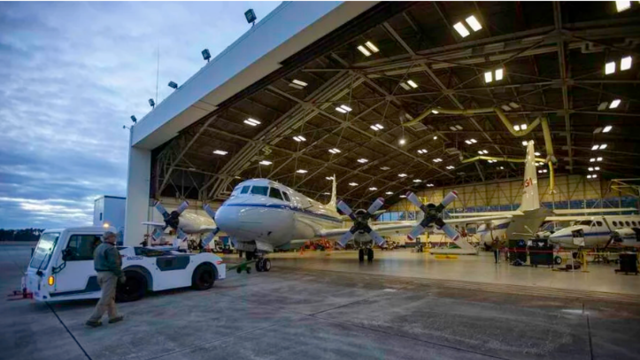 The P-3 research plane leaving its hangar at NASA's Wallops Flight Facility in Virginia. Patrick Black/NASA