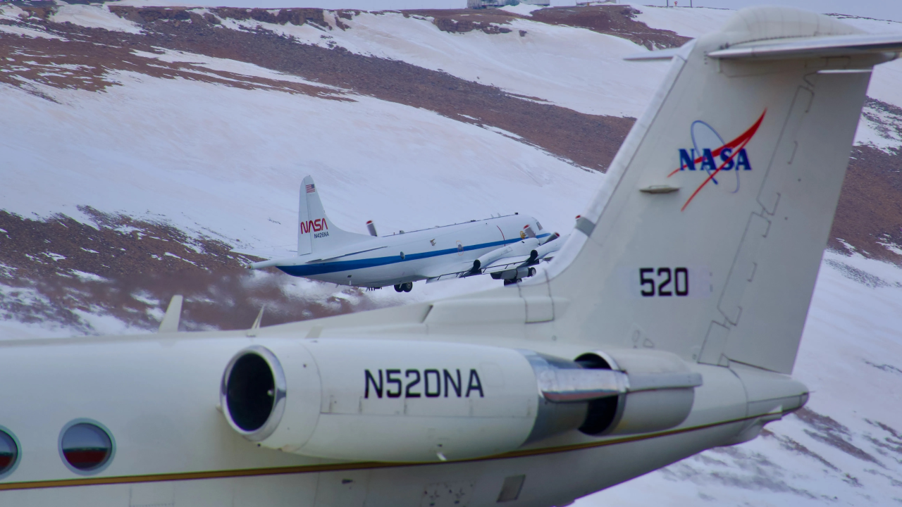 Two NASA aircraft are taking coordinated measurements of clouds, aerosols and sea ice in the Arctic this summer as part of the ARCSIX field campaign. In this image from Thursday, May 30, NASA’s P-3 aircraft takes off from Pituffik Space Base in northwest Greenland behind the agency’s Gulfstream III aircraft. Credit: NASA/Dan Chirica