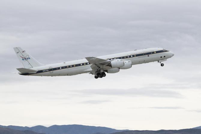 NASA’s DC-8 aircraft takes off from NASA’s Armstrong Flight Research Center Building 703 in Palmdale, California, to conduct test flights as part of the Airborne and Satellite Investigation of Asian Air Quality, or ASIA-AQ mission, that will collect detailed air quality data over several locations in Asia. NASA/Carla Thomas