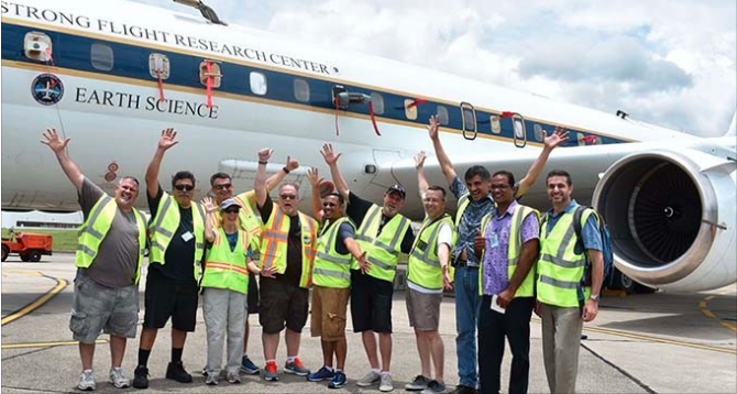 Scientists and crew of DC-8 NASA aircraft with Nadi Muslim College science teacher Dinesh Goasi (second from right), and US Embassy Suva Regional Environmental Officer Mark Mineo (right), yesterday at Nadi International Airport. Photo: Arishma Devi-Narayan
