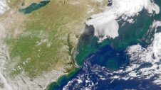 This image captured by PACE's Ocean Color Instrument shows the Gulf Stream flowing along the eastern United States on May 2, 2024. (NASA)
