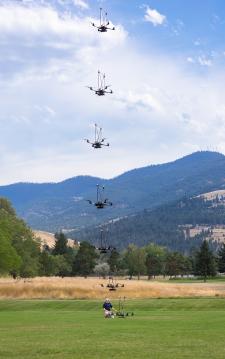 composite image showing the NASA Alta X quadcopter taking off during one of eight flights it performed for the 2024 FireSense UAS technology demonstration in Missoula