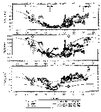 Comparison of measurements and results from a 2-D model for NOy, O3, and NOy/O3 [Murphy
<em>et al.</em>, 1993].