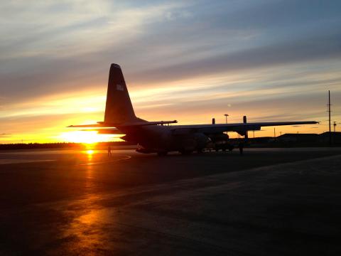 The NASA ARISE C-130 being towed to the hangar.