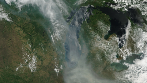 Smoke from Canadian wildfires drifts slowly south over the United States’ Midwest. The drifting smoke can be seen in this Terra satellite image taken in December 2017 over Lake Michigan, as well as parts of Minnesota, Wisconsin, Indiana, and Ohio. NASA MODIS Rapid Response Team / Jeff Schmaltz