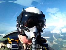 Research pilot Rich Rogers flying AV-6 chase in the T-34 (9.15.12)