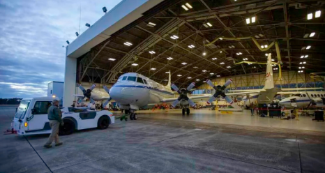 The P-3 research plane leaving its hangar at NASA's Wallops Flight Facility in Virginia. Patrick Black/NASA