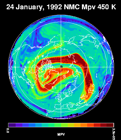 Potential vorticity image for January 24, 1992, on the 450 K isentropic surface.