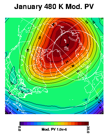 A 20 year average (1979-1998) of January potential vorticity at 480 K (approximately 20 km) illustrating the average position of the Arctic polar vortex.