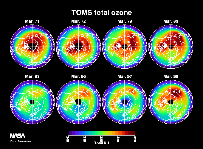 March averages of total ozone as measured by<br />
Nimbus-4 BUV, Nimbus-7, NOAA-14 SBUV-2, and EP-TOMS